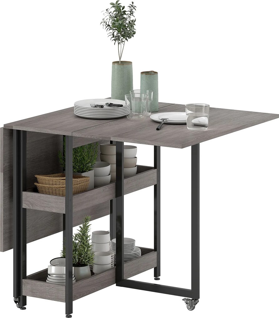HOMCOM Összecsukható Étkezőasztal 2-4 Fő Részére, 2 Nyitott Polccal, Mobil Étkezőasztal Kerekekkel Kis Terekhez, Étkezőbe, Konyhába 133,4 x 80 x 75 cm