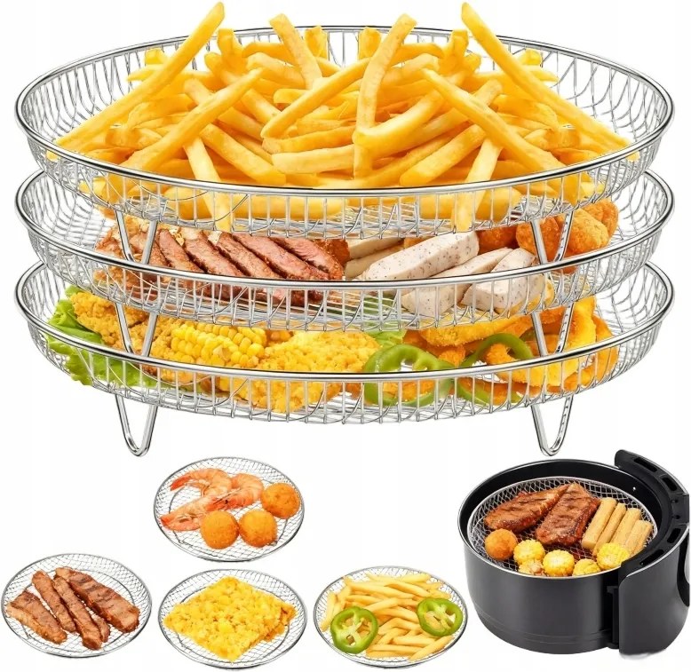 Kerek air fryer grillrács, 3 db, rozsdamentes acél, átmérő 20 cm