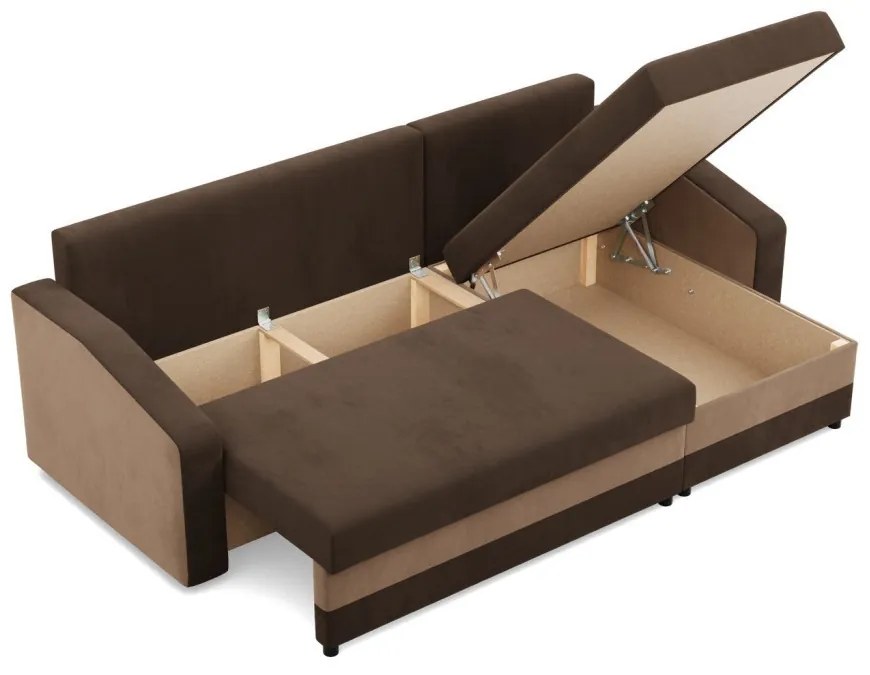 Hewlet sarokkanapé, 2 ágyneműtartóval, szövet anyag, univerzális oldal, hab töltet, barna