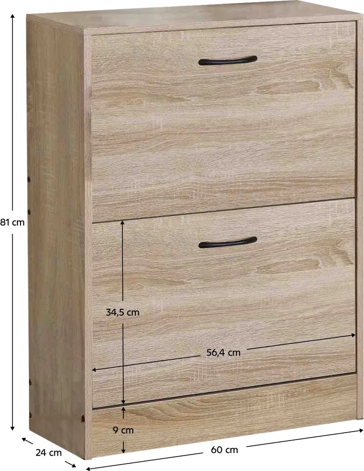 Cipőtároló, 2 soros, tölgy, BOTNIX