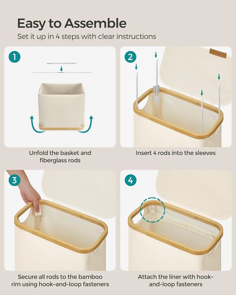 Keskeny szennyeskosár fedéllel, 65 L, krémfehér