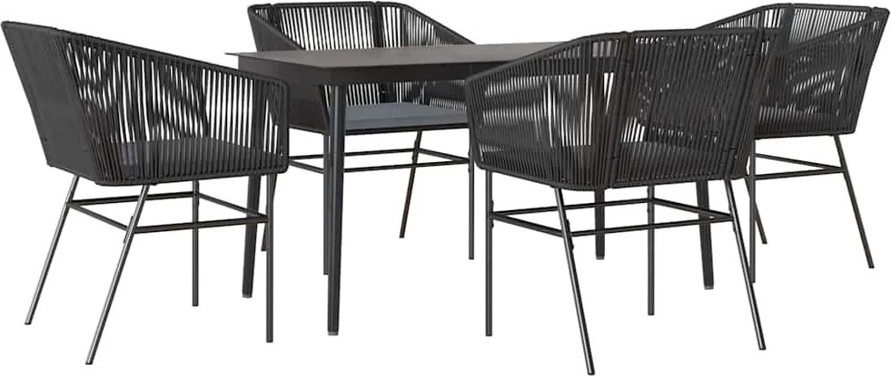 vidaXL 5 részes fekete polyrattan üveg kerti étkezőgarnitúra párnákkal