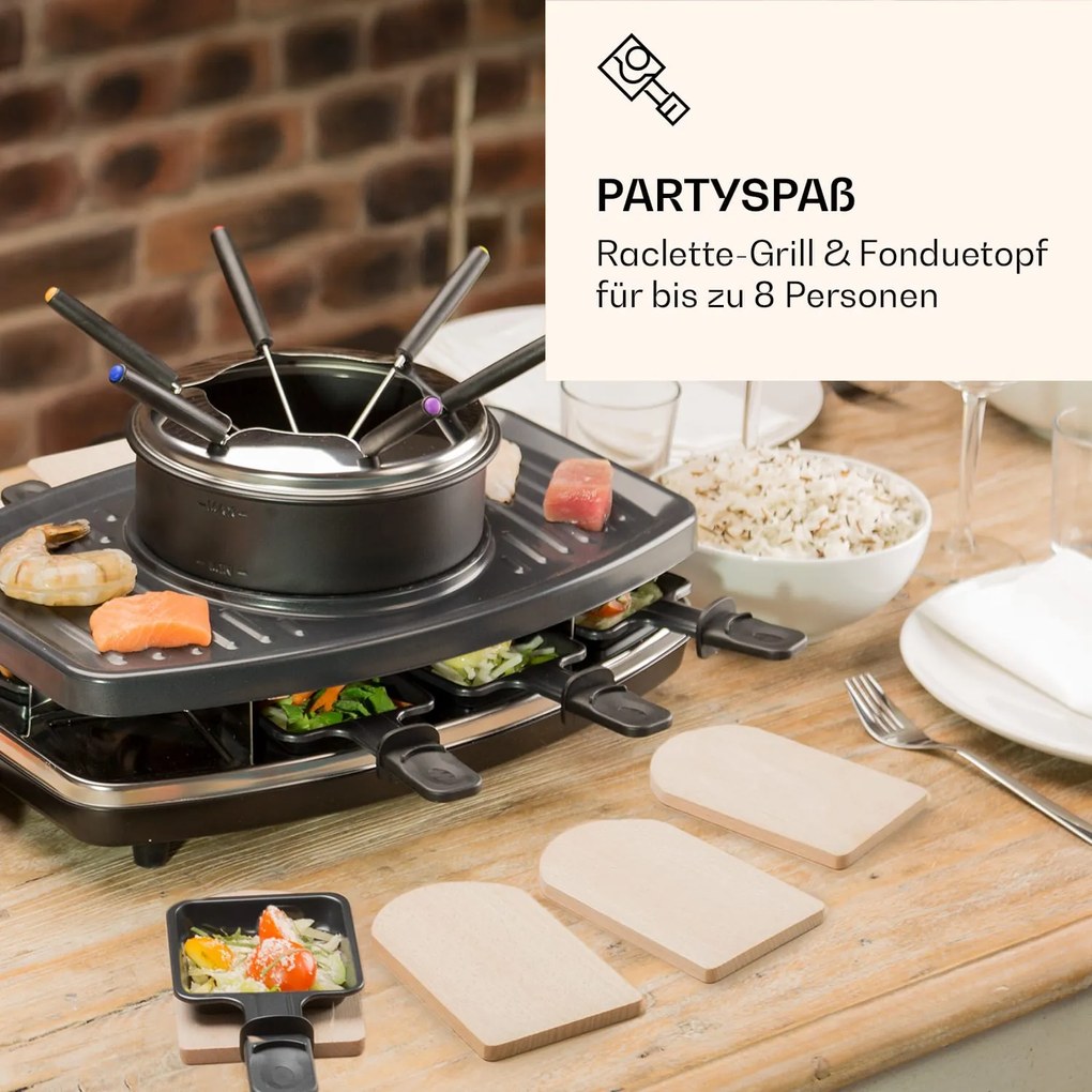 Klarstein Entrecote, 2 az 1-ben raclette grill fonduevel, 1100 W, természetes kő, 8 személyre, alátétek
