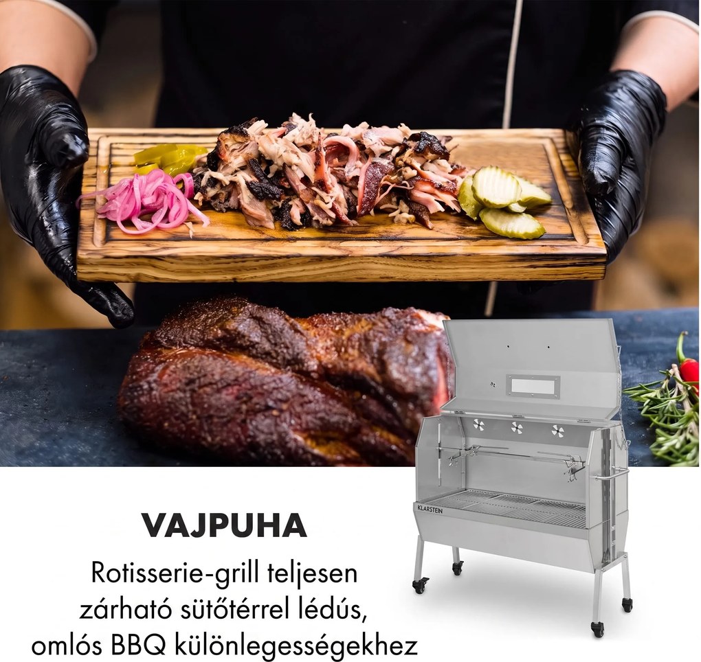 Klarstein Sauenland Pro XL, malacsütő grill, forgó nyárs, 13 W, 4 kerék, rozsdamentes acél