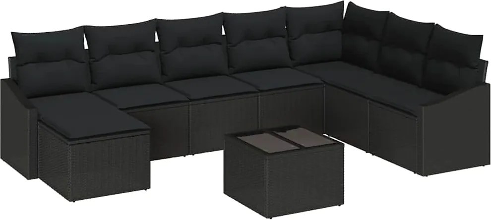 vidaXL Kerti Kanapé Szett párnával tárolóval 8 pcs Fekete polirattan