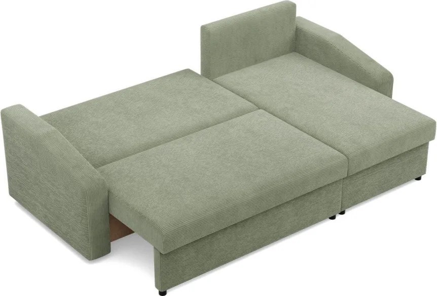 Zeus sarokkanapé, 2 ágyneműtartóval, döntött kartámasz, kordbársony, univerzális oldal, hab töltet, zöld