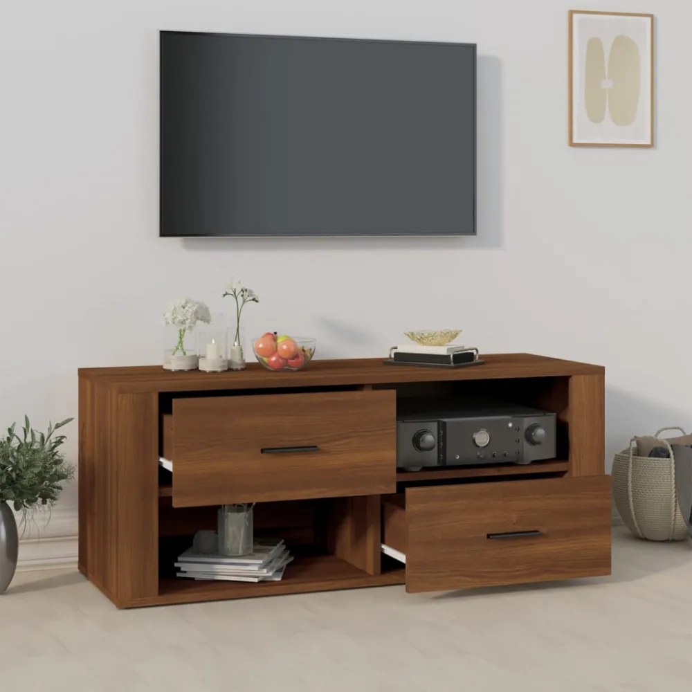 barna tölgyszínű szerelt fa TV-szekrény 100 x 35 x 40 cm