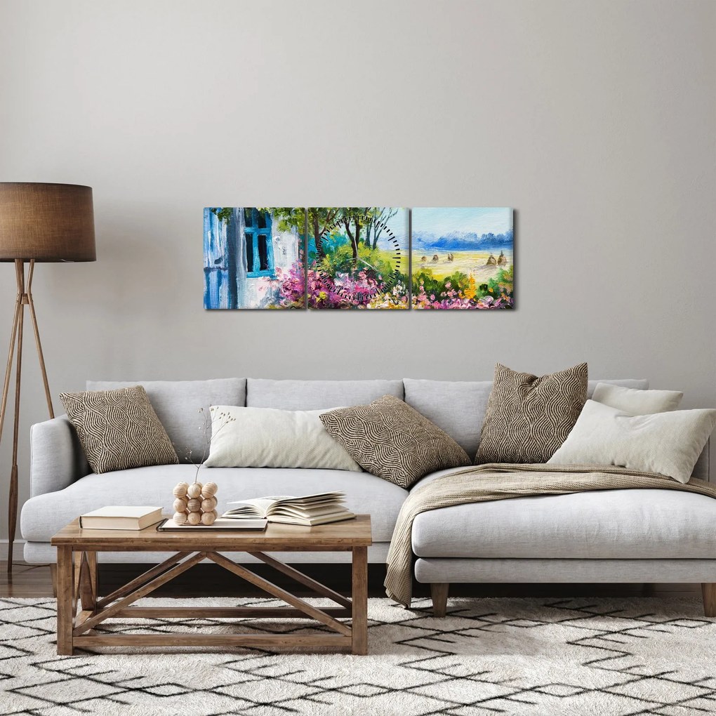 Kép a ház előtti kertről, olajfestmény (órával) (90x30 cm)