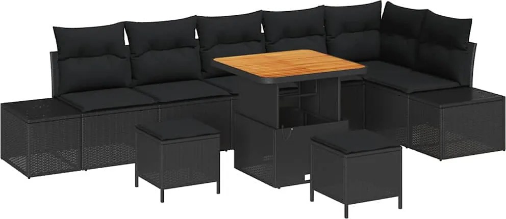 vidaXL Kerti Kanapé Szett párnával tárolóval 9 pcs Fekete Poli rattan