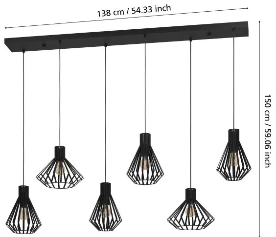 Eglo 390126 - Csillár zsinóron BASIDANO 6xE27/40W/230V fekete