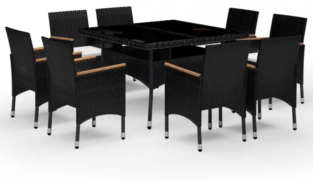 9 részes fekete polyrattan és akácfa kerti étkezőgarnitúra