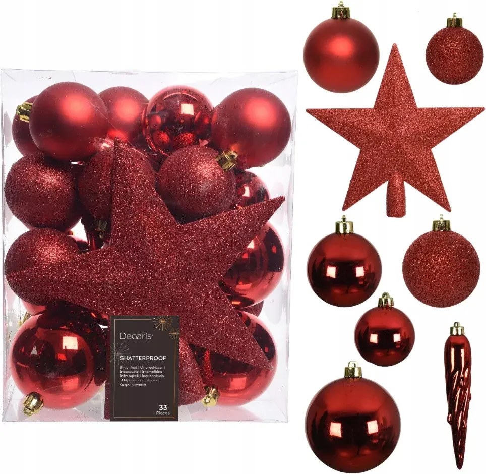 Karácsonyfadísz szett spicc gömbök műanyag x33 Piros karácsonyfadísz