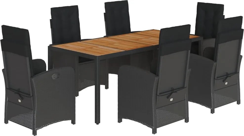 vidaXL 7 részes fekete polyrattan kerti étkezőgarnitúra párnával