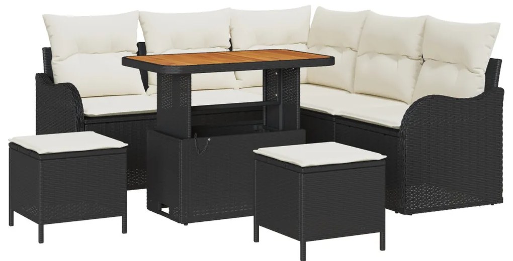 8 Darabos Kert Kanapé Szett Párnákkal Fekete Poly Rattan Akác