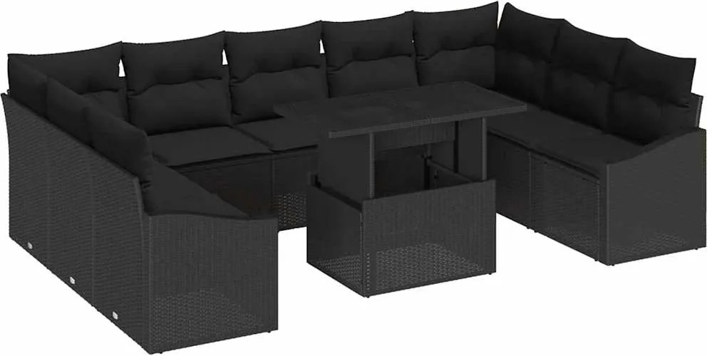 vidaXL Kanapé Szett párnával 10 pcs Fekete polirattan