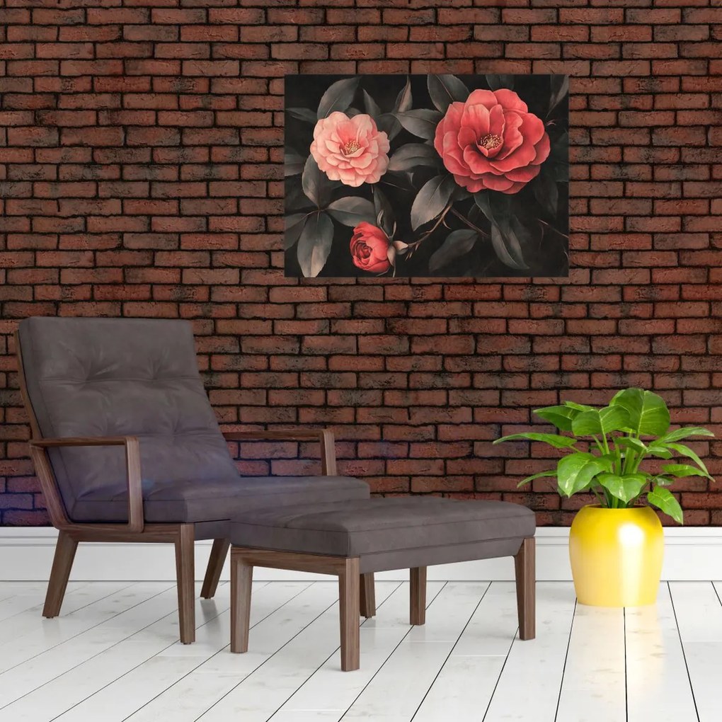 Üveg kép - Vörös virágok sötét háttér előtt (70x50 cm)