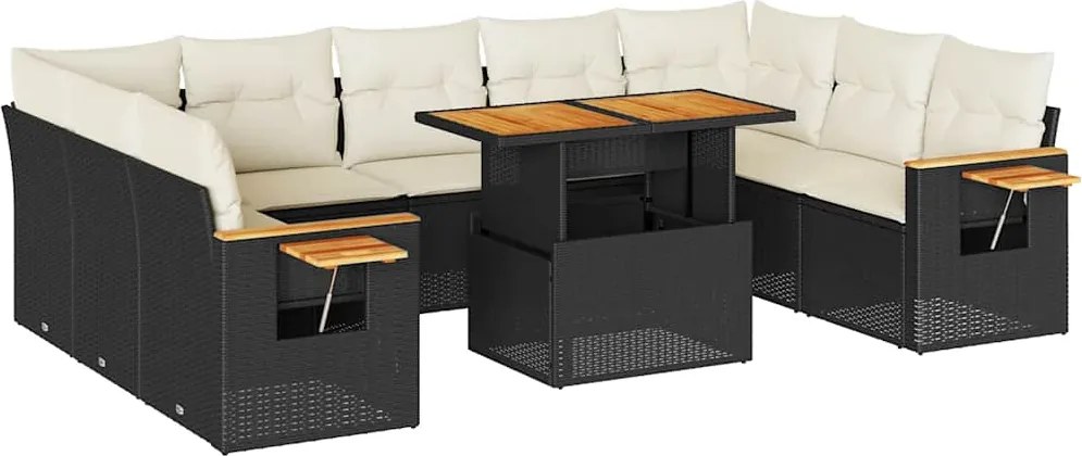 vidaXL 10 részes fekete polyrattan akácfa kerti ülőgarnitúra párnákkal