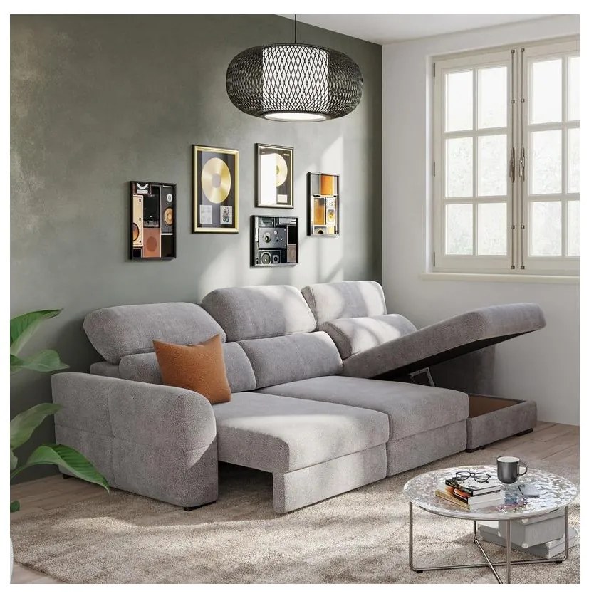 Univerzális sarokkanapé, kihúzható, háromszemélyes, tárolórekesszel TRENTO taupe