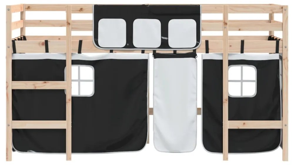 fehér-fekete tömör fenyő gyerek galériaágy függönnyel 90x190 cm