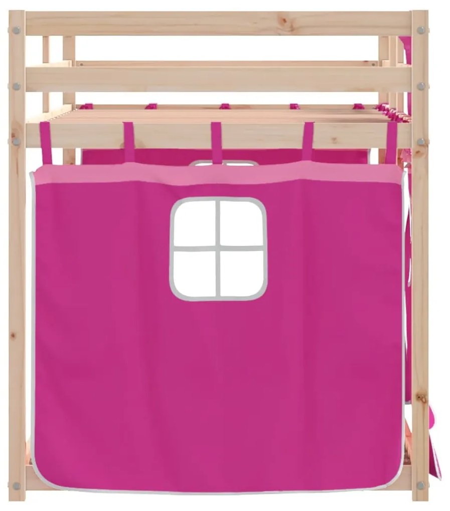 vidaXL rózsaszín tömör fenyőfa emeletes ágy függönyökkel 90 x 190 cm