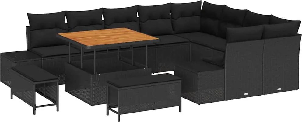 vidaXL Kerti Kanapé Szett párnával tárolóval 12 pcs Fekete Poli rattan