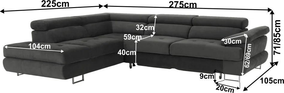 Ülőgarnitúra tárolóhellyel, szürke, szövet, balos, BUTON R