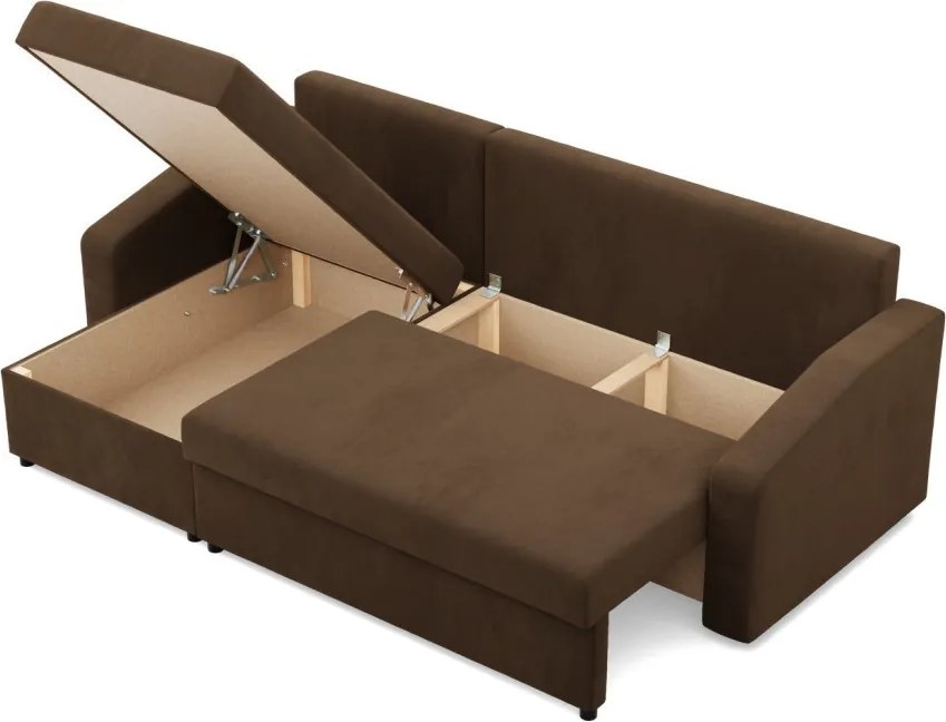 Zeus sarokkanapé, 2 ágyneműtartóval, döntött kartámasz, szövet anyag, univerzális oldal, bonell töltet, barna