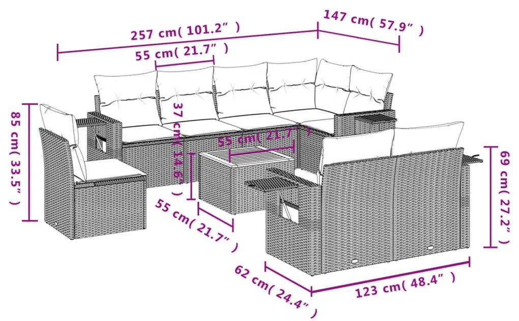 9 részes szürke polyrattan kerti ülőgarnitúra párnákkal