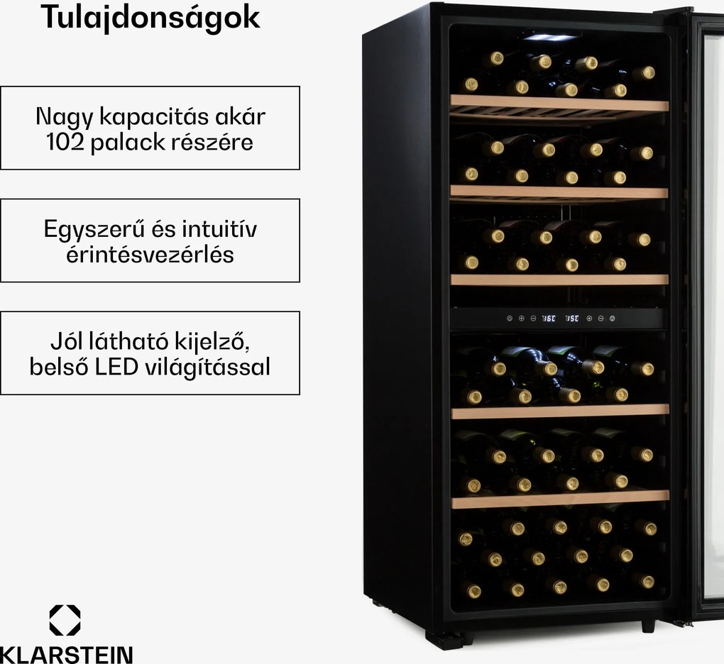 Klarstein Barossa 102D, borhűtő, 2 zóna, 102 palack, LED érintőképernyő, fekete