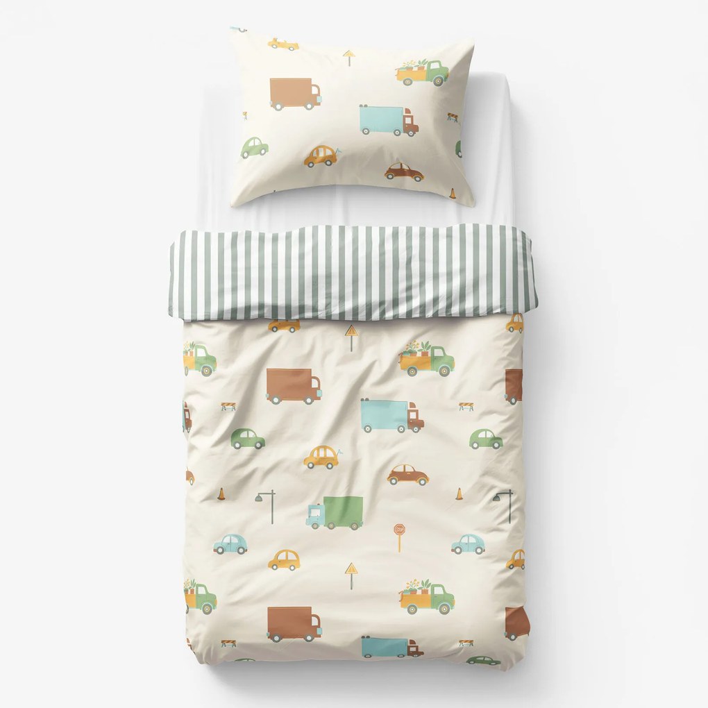 Goldea gyermek pamut ágyneműhuzat - az autók világa, zsálya színű csíkos hátoldal 150 x 200 és 50 x 60 cm