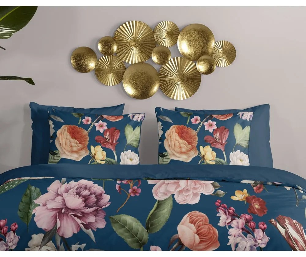 Sötétkék egyszemélyes-hosszabbított pamut-szatén ágyneműhuzat 140x220 cm Fiori – Descanso