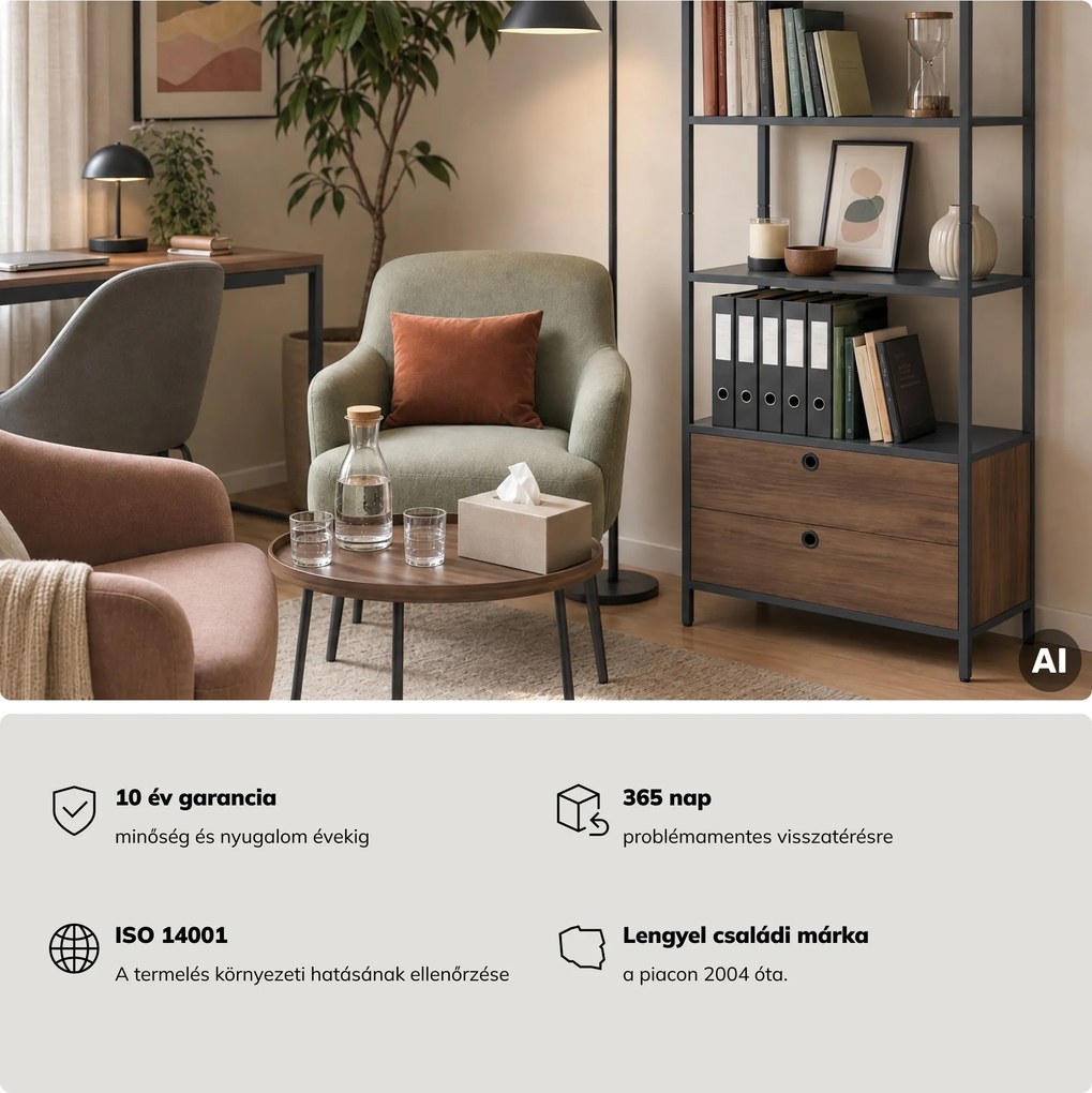 Polc fiókokkal irodába, iratrendezőkhöz és dokumentumokhoz, nyitott polcok, fém, antracit/dió, 800x2200x400 mm: ARIEL Eco Design