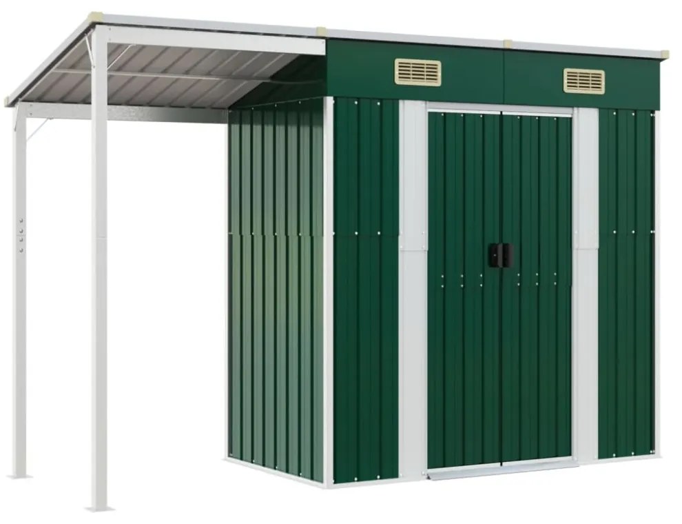 zöld kerti fészer meghosszabbított tetővel 277 x 110,5 x 181 cm