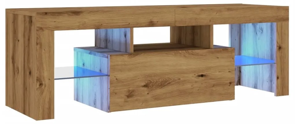 kézműves tölgy szerelt fa TV-szekrény LED-ekkel 120x36,5x40 cm