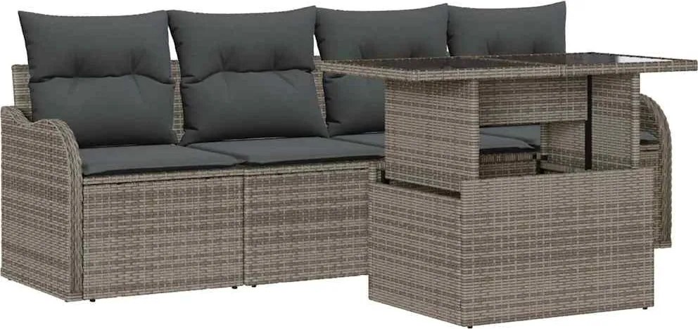 vidaXL Kerti Kanapé Szett párnával párnával 5 pcs Szürke Poly Rattan