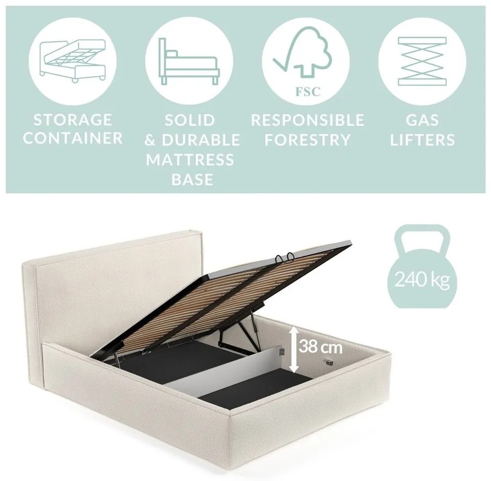 Bézs kárpitozott ágyneműtartós franciaágy ágyráccsal 200x200 cm Lounge L – Maison de Rêve