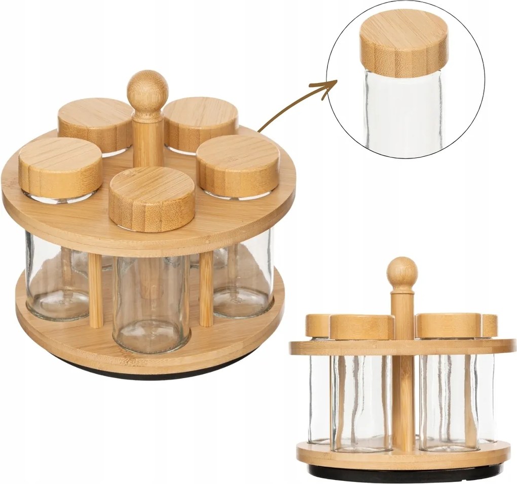 Fűszertartó Állvány Forgatható 5DB-OS Bambusz Fűszertartó Konyhai Rendszerező
