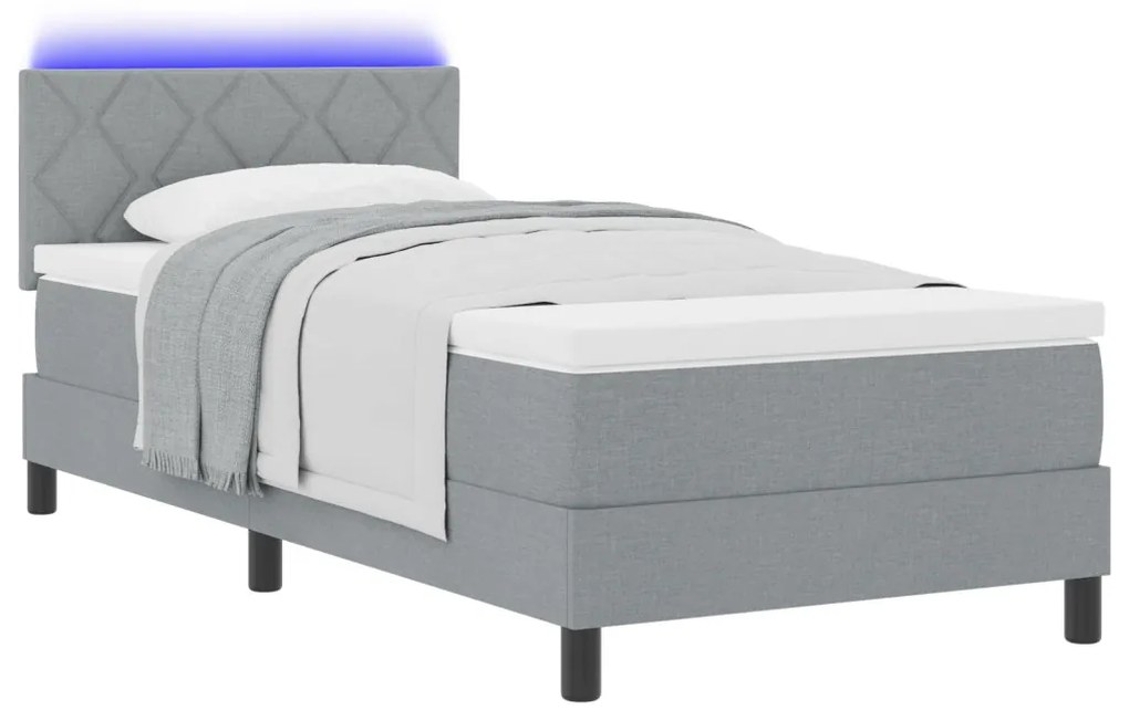 Box Spring ágy matraccal &amp; LED világítással világosszürke 90x200 cm szövet