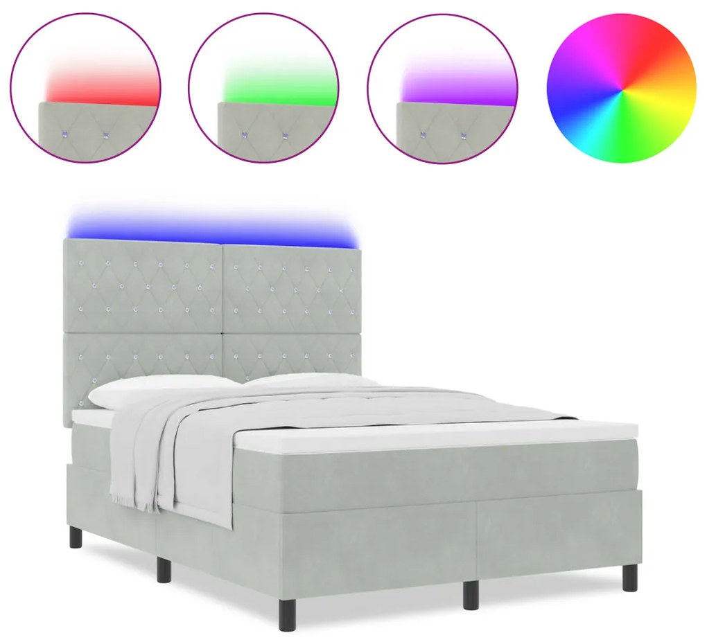 Boxspring Ágy Mattal & LED Fénnyel Szürke 140x190 cm Bársony