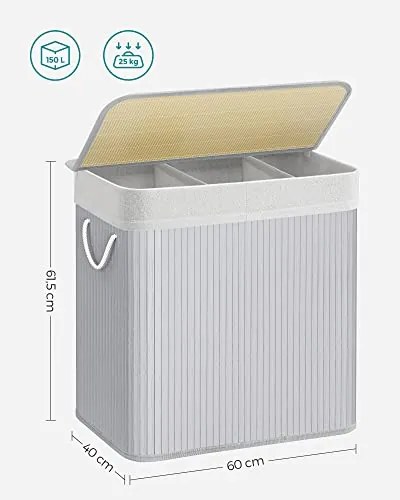 Szennyestartó kosár 3 rekesszel, 150L, Szürke