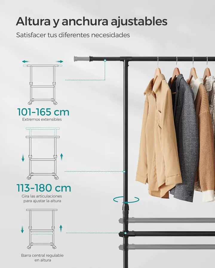 Dupla Ruhafogas, Állítható Felső Rúddal, Görgős, 113-180 cm, Fekete