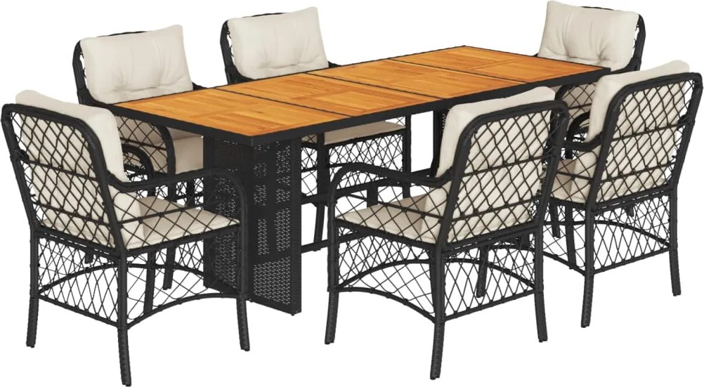 vidaXL 7 részes fekete polyrattan kerti étkezőgarnitúra párnával