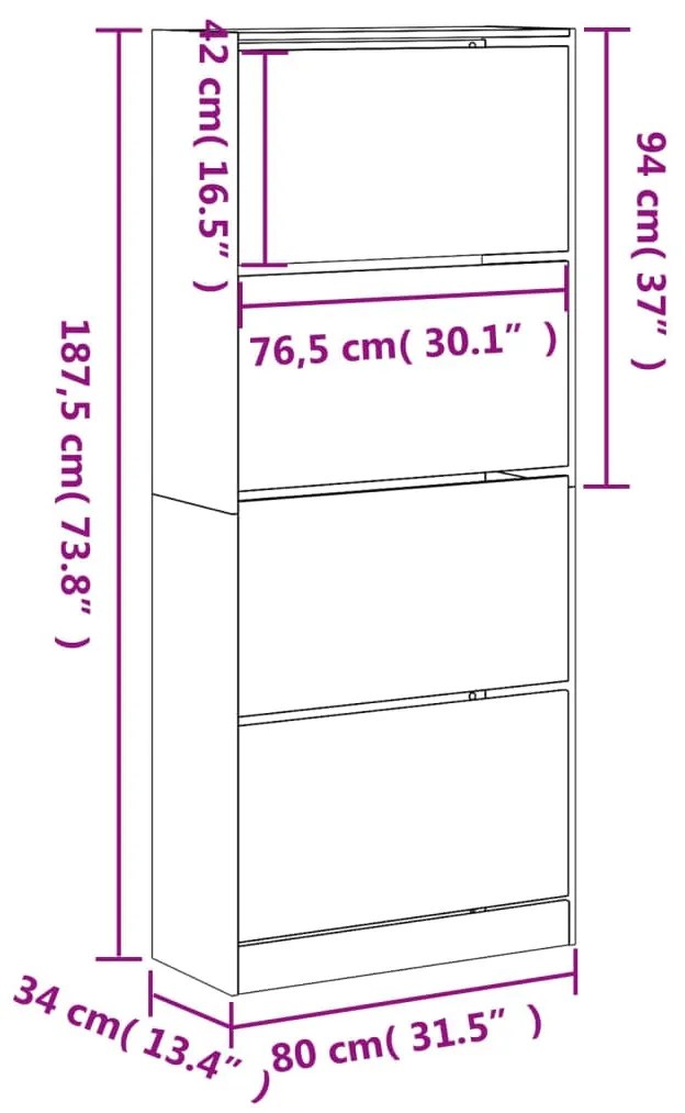 füstös tölgy cipőszekrény 4 kihajtható fiókkal 80x34x187,5 cm