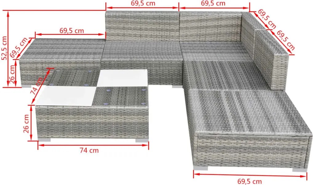6-részes szürke polyrattan kerti bútorszett párnákkal