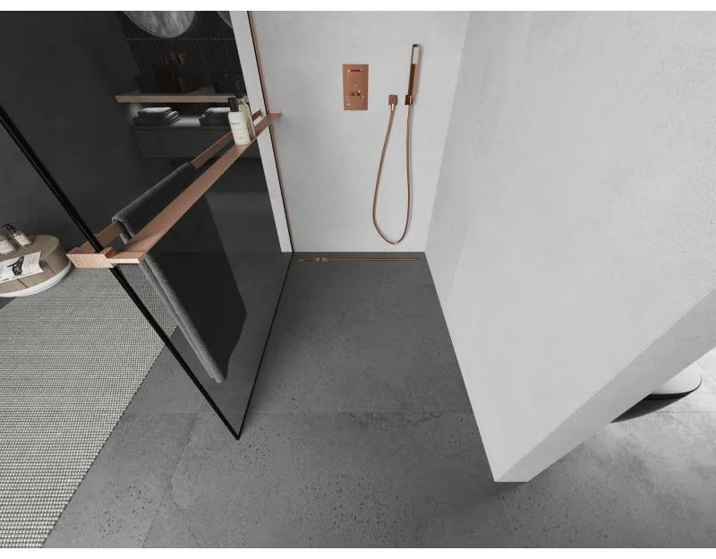 Mexen Kioto+, Walk-In zuhanyparaván polccal és akasztóval 80 x 200 cm, 8 mm átlátszó üveg fekete mintás, réz matt profil, 800-080-121-65-70