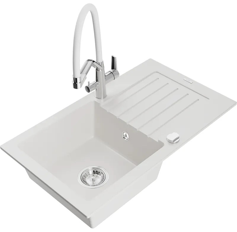 Mexen Pablo gránit mosogató 1-medencés csepegtetővel és Duo konyhai csappal, fehér - 6510-20-671701-02