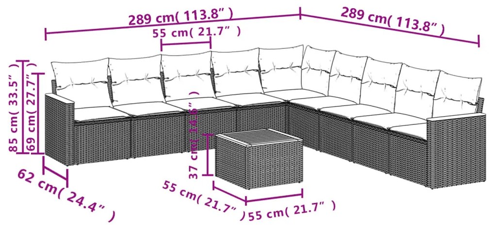 10 részes fekete polyrattan kerti ülőgarnitúra párnákkal