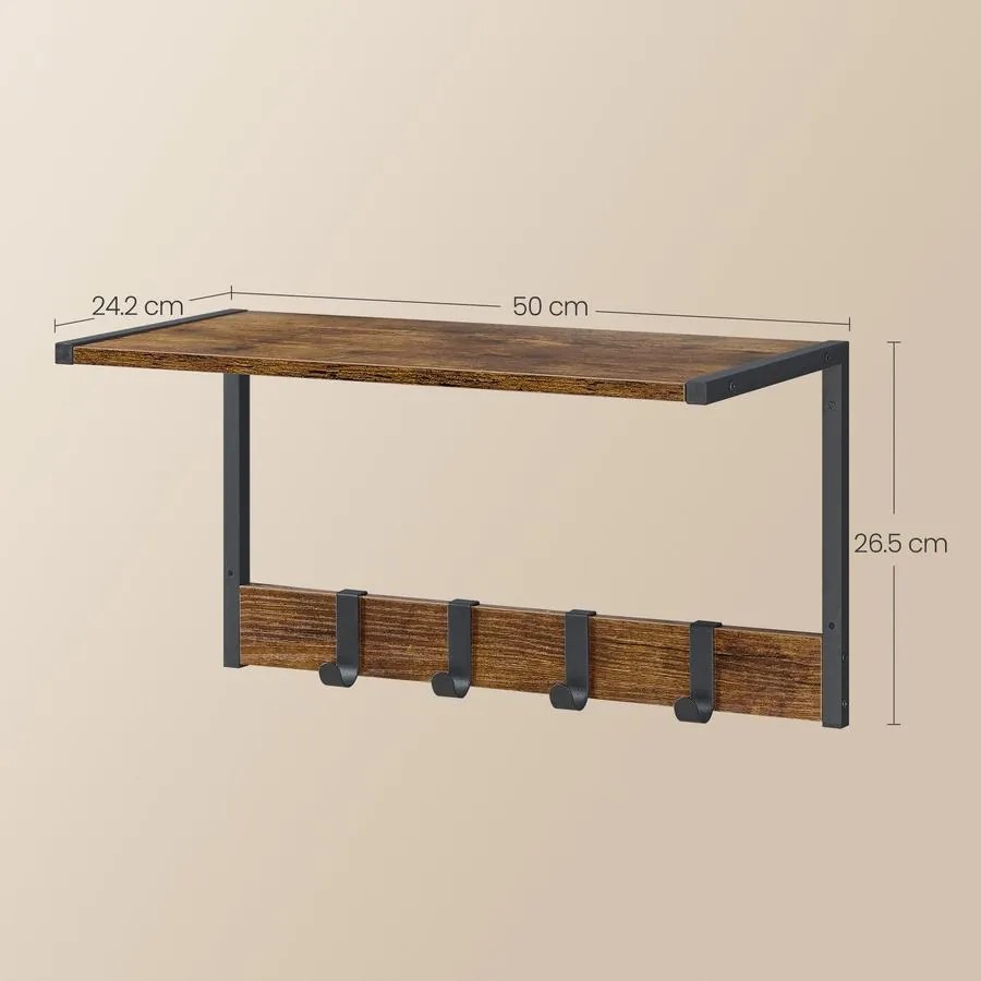 Lebegő polcok, falra szerelhető akasztós polcok, rusztikus barna