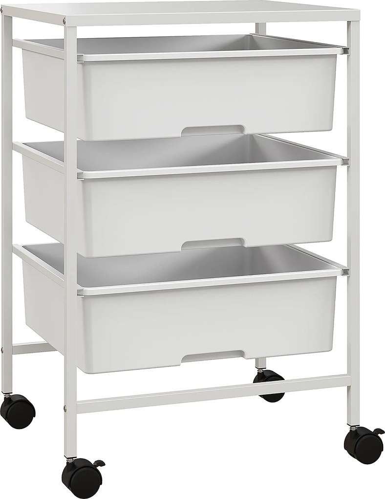 HOMCOM Kerekes Használati Kocsi 3-Szintes Konyhai Kocsi 3 Kosárral Tároláshoz és Acélváz Főzőszobába Fürdőszobába 40.8x33.5x60.5 cm Fehér | Aosom