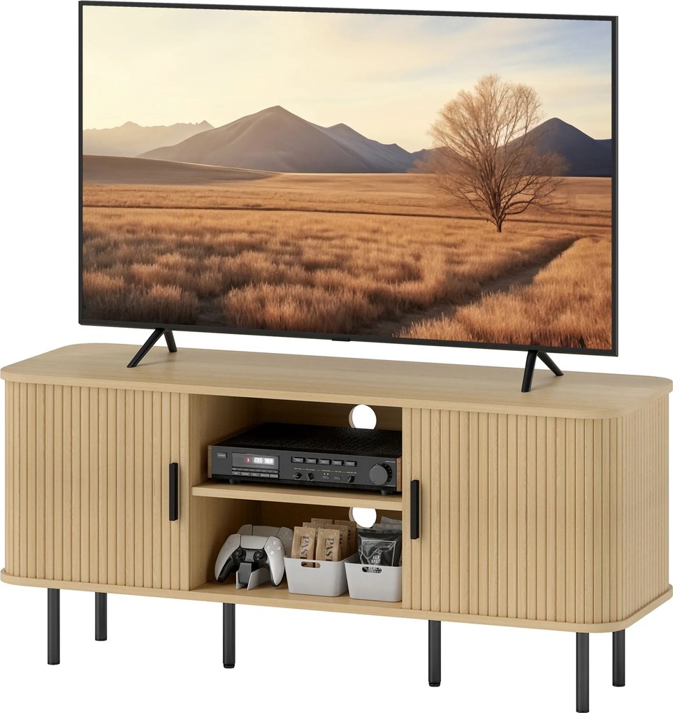 HOMCOM Vintage TV Állvány Nappali TV Szekrény 2 Csúszó Dobos Ajtóval 2 Nyitott Polccal 55-Inch TV-khez 120x40x55 cm Tölgy | Aosom